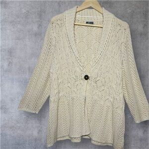 JM Collection Cream Open Knit Cardigan-one button closure-1X
